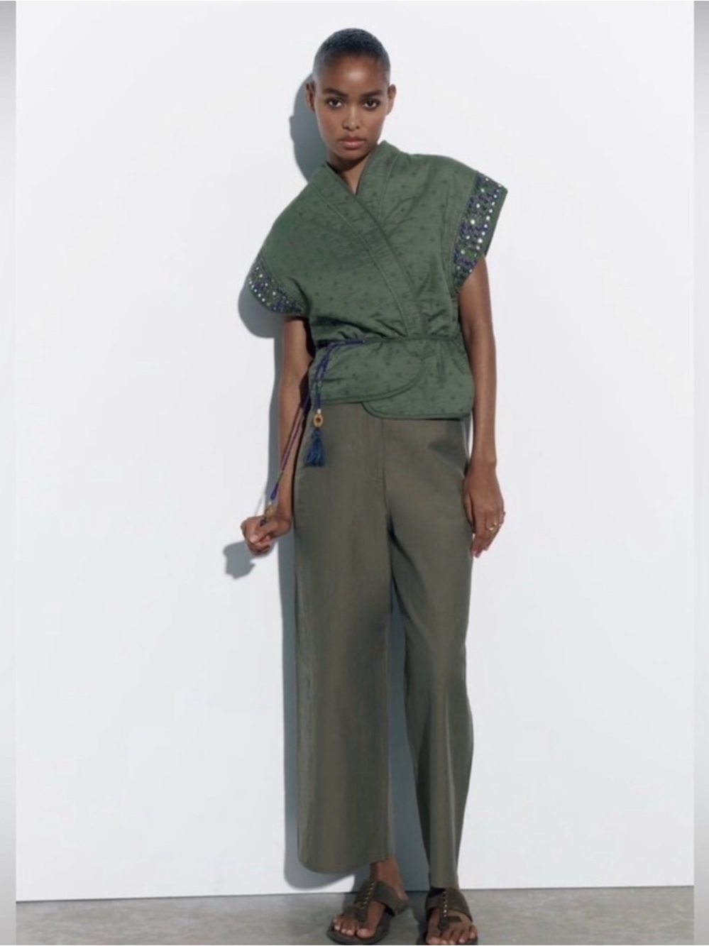 Zara High Rise Wide Leg Poplin Culottes Pants - Olive Greens